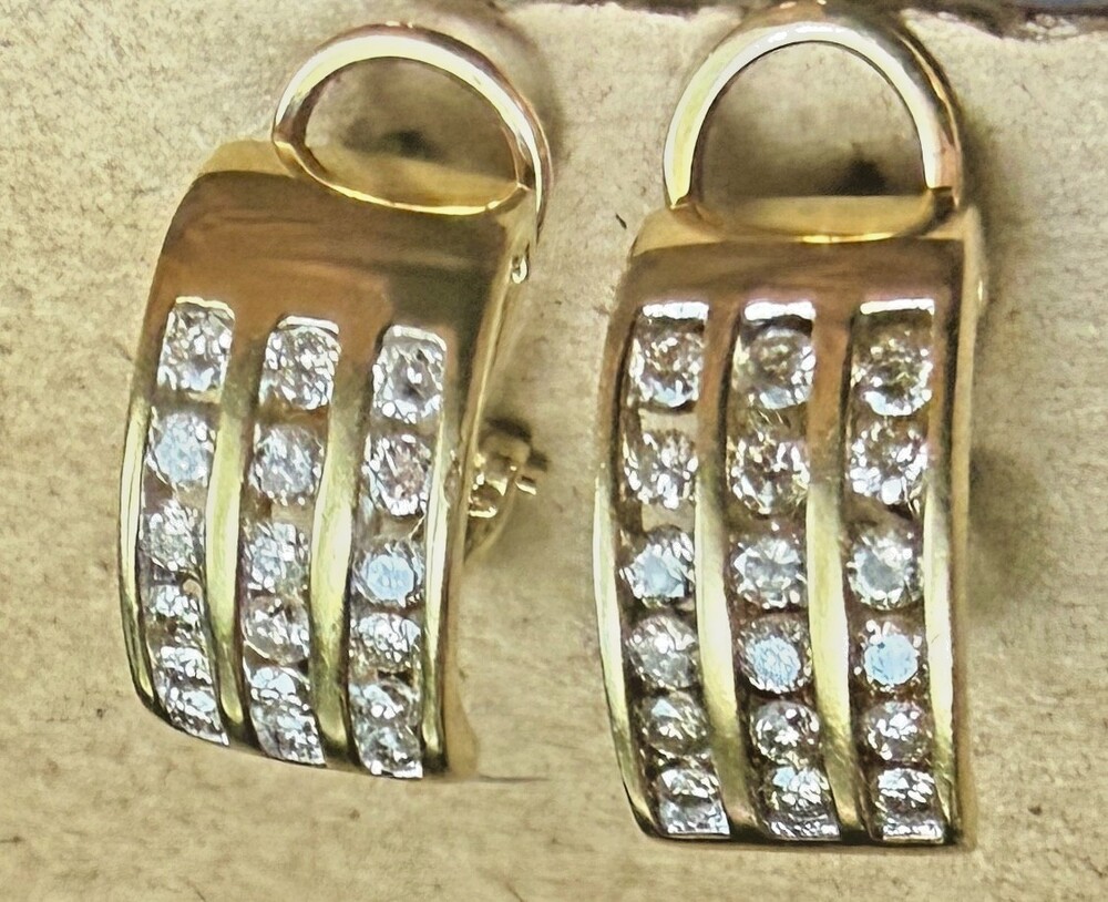 Vintage ZEI 10K Yellow Gold Diamond Triple Row Omega Back Earrings 5.9g